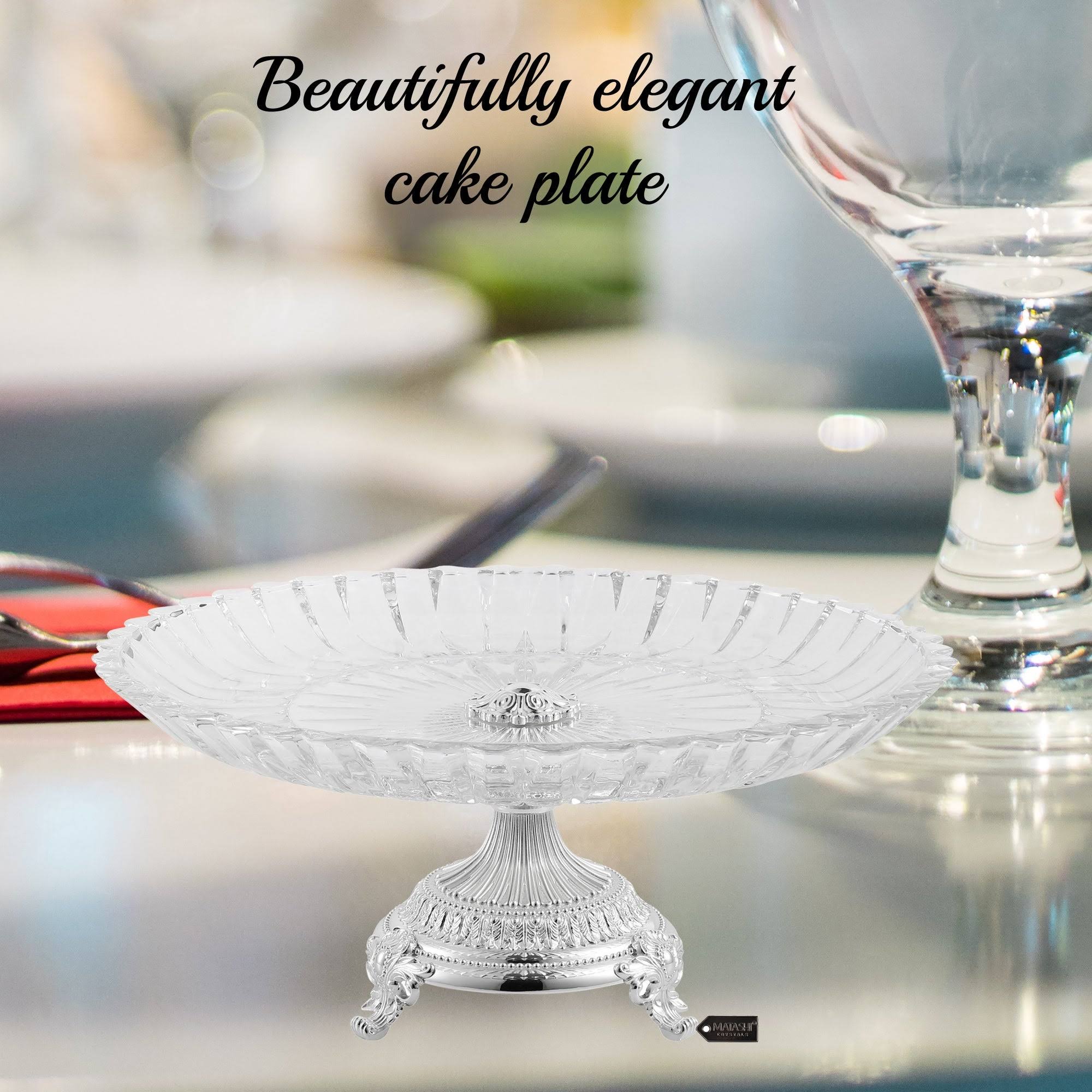 Crystal Cake Plate Decorative Dish Round Serving Platter with Silver Plated Pedestal Base H576592