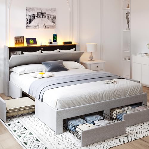 Queen Bed Frame with Storage Headboard & 4 Drawers, LED Upholstered, Light Grey E1576