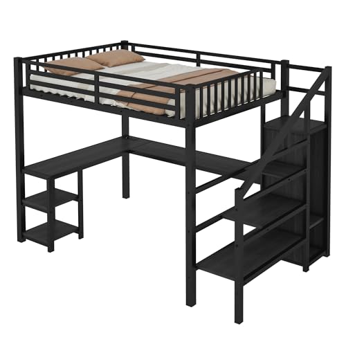 Black Full Size Metal Loft Bed with L-Shaped Desk and USB Port Y73422
