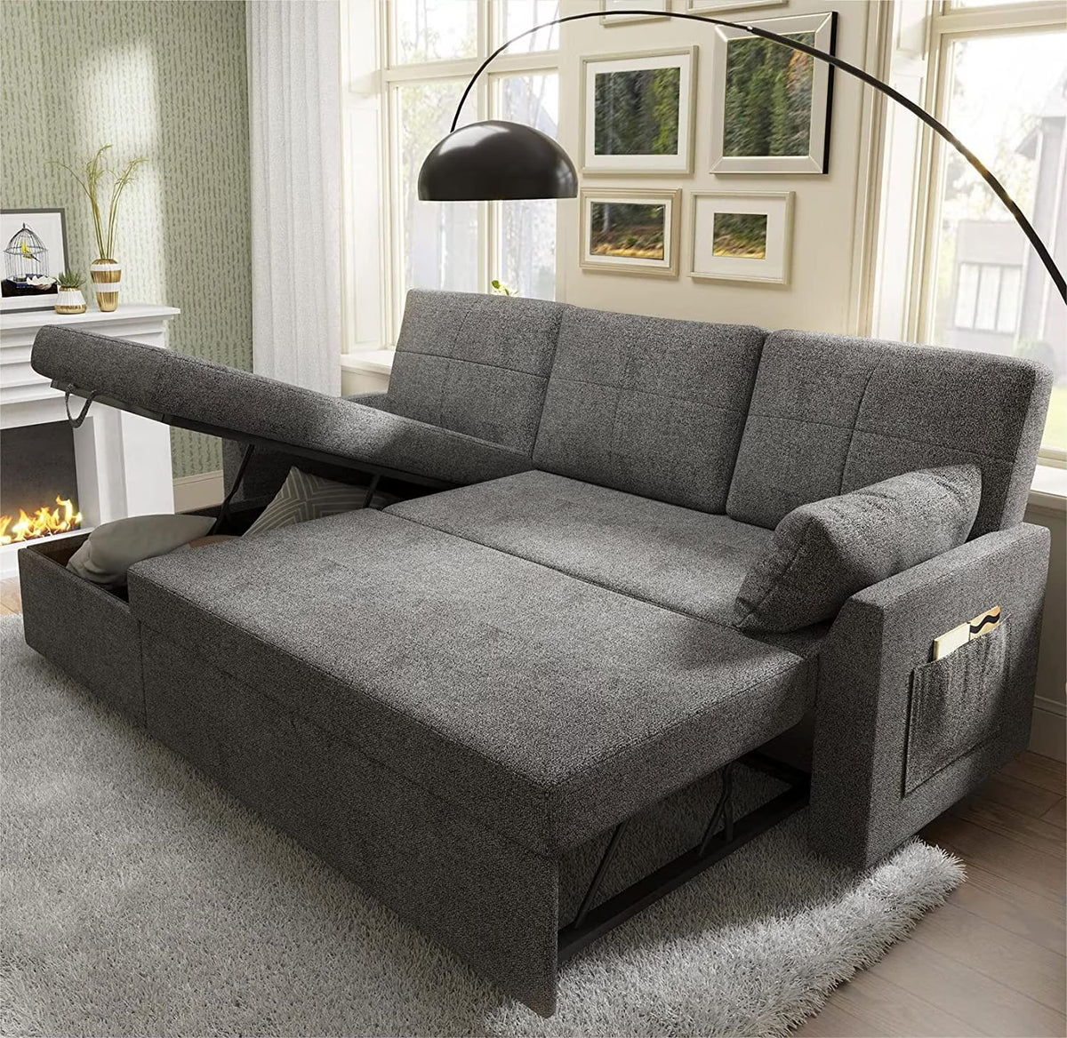 Gray Chenille Sleeper Sofa with Storage Chaise R656079