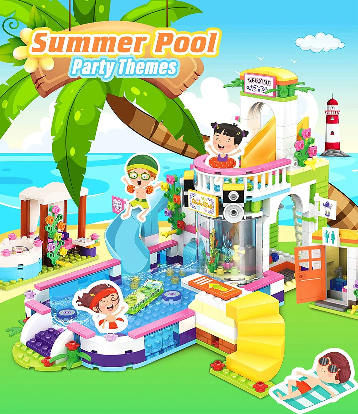 727 Pieces Pool Building Blocks Set with Toy Juice Bar and Hot Tub Q209118