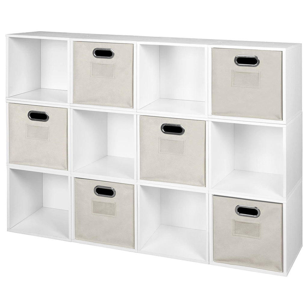 12 Cube Storage Set with 6 Canvas Bins White Wood Grain Natural J8558