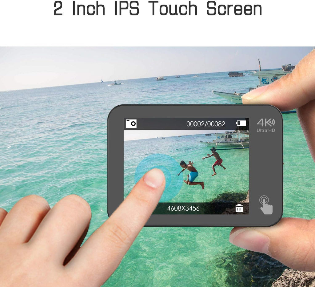 4K 60FPS 20MP Waterproof Action Camera with Touch Screen Stabilizer 2 Rechargeable 1350 Batteries and Accessories Kit M5661