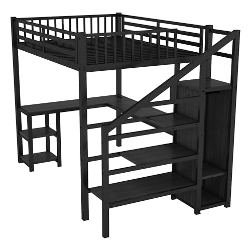 Black Full Size Metal Loft Bed with L-Shaped Desk and USB Port Y73422