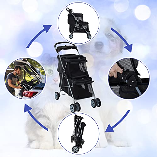 Pink 4 Wheel Folding Pet Stroller with Storage Basket I16766