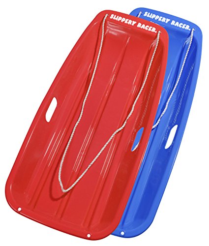 Red and Blue Plastic Toboggan Snow Sled with Pull Rope (2 Pack) C7801