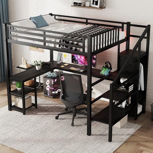 Black Full Size Metal Loft Bed with L-Shaped Desk and USB Port Y73422