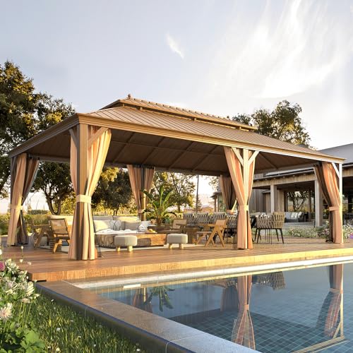 14'x20' Hardtop Gazebo Double Roof Galvanized Steel Canopy Aluminum Frame with Netting and Curtains O907652