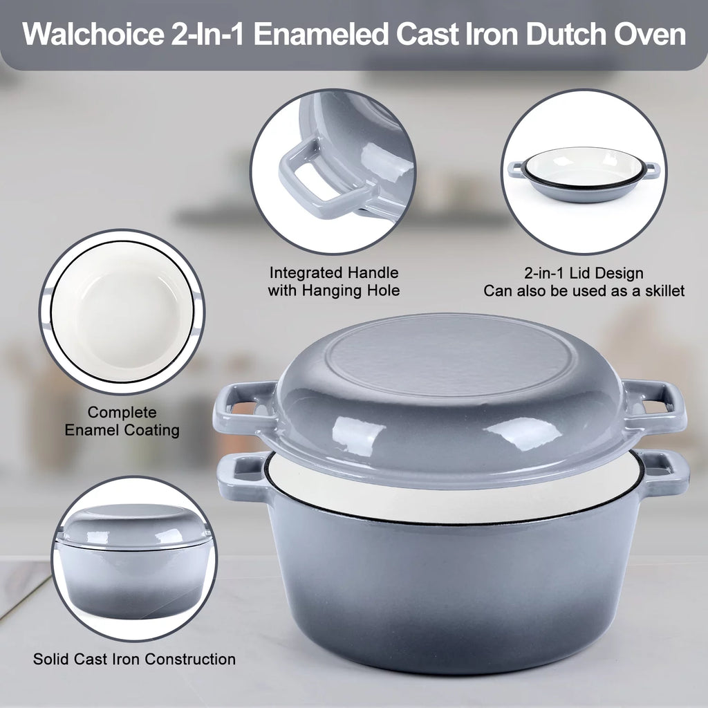 2-in-1 Enameled Cast Iron Dutch Oven with Skillet Lid, 5 Quart F6297