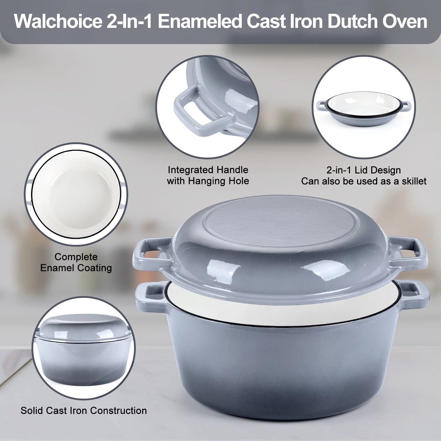 2-in-1 Enameled Cast Iron Dutch Oven with Skillet Lid, 5 Quart F6297