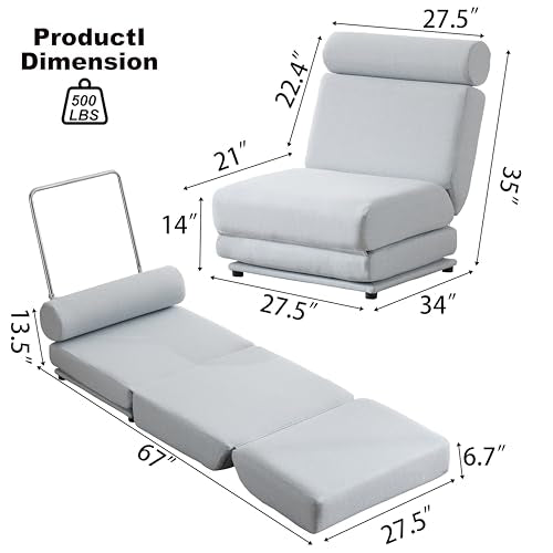 Blue Linen Foldable Futon Sofa Bed S64538