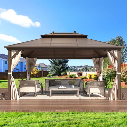 14'x20' Hardtop Gazebo Double Roof Galvanized Steel Canopy Aluminum Frame with Netting and Curtains O907652