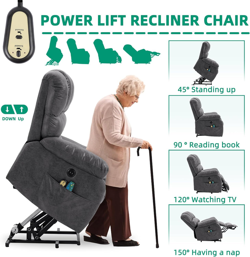 Gray Power Lift Recliner Chair with Heat & Massage E8775