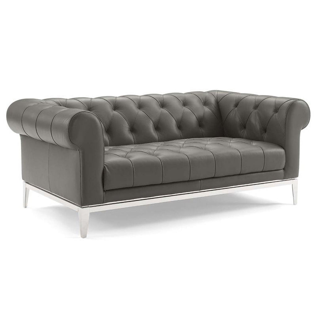 Gray Leather Button Tufted Chesterfield Loveseat A6756