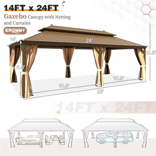 14'x20' Hardtop Gazebo Double Roof Galvanized Steel Canopy Aluminum Frame with Netting and Curtains O907652