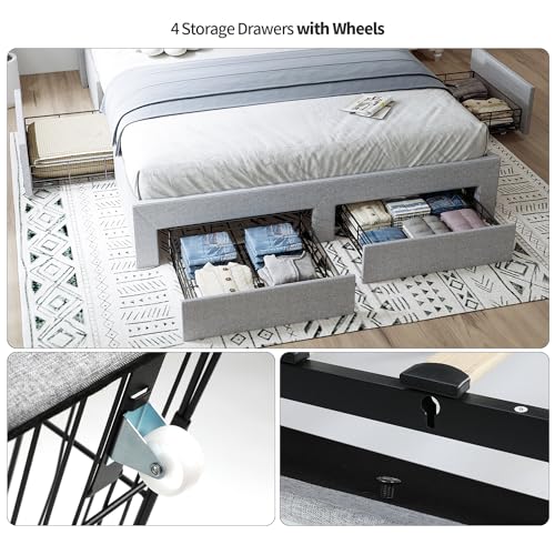 Queen Bed Frame with Storage Headboard & 4 Drawers, LED Upholstered, Light Grey E1576