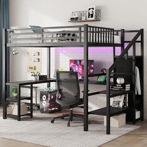 Black Full Size Metal Loft Bed with L-Shaped Desk and USB Port Y73422