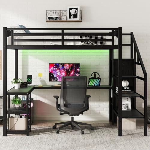 Black Full Size Metal Loft Bed with L-Shaped Desk and USB Port Y73422