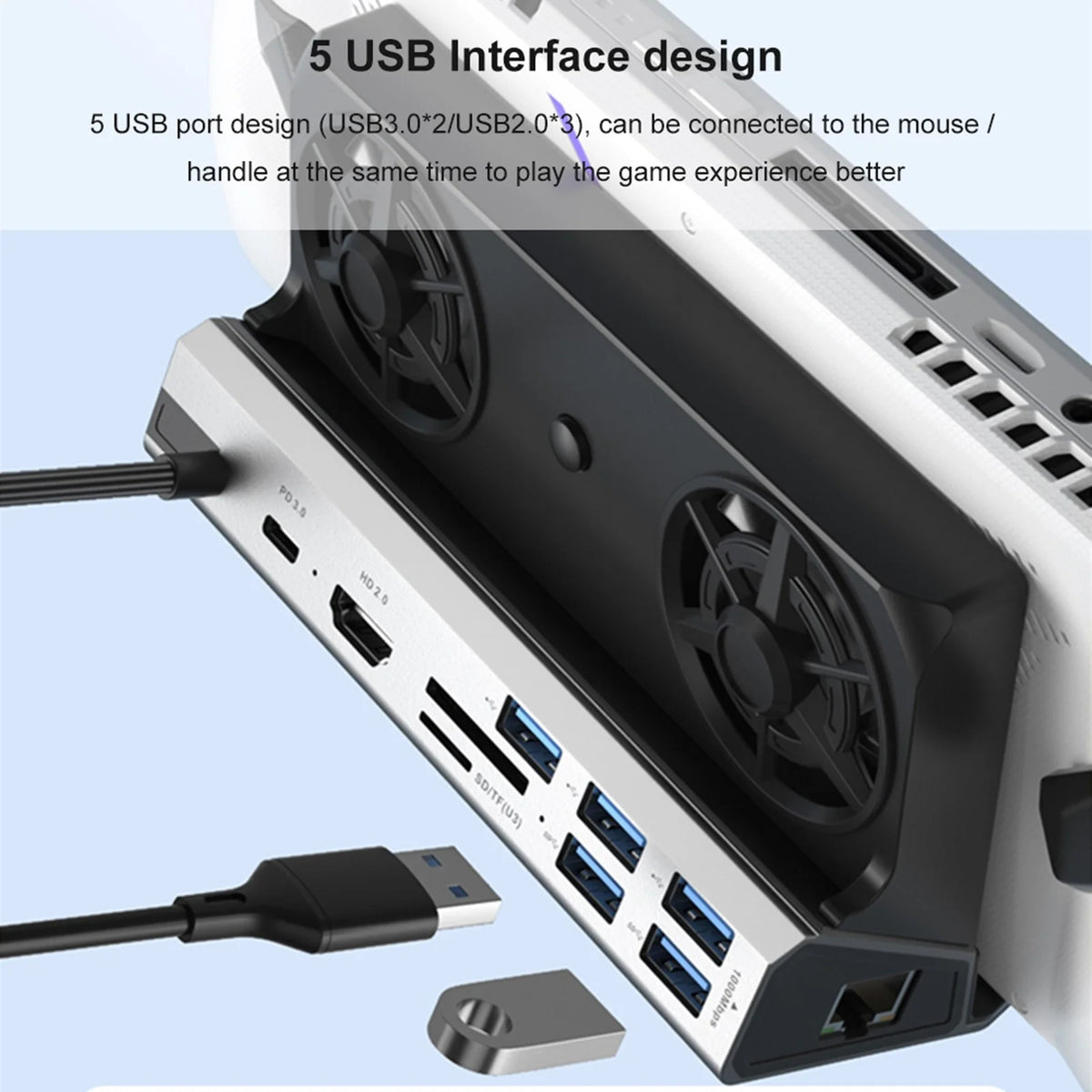 Steam Deck Docking Station with 2 Fans, 4K 60Hz HD Multimedia Interface, USB3.0 2.0, Gigabit RJ45, 100W PD Charging Port O369777