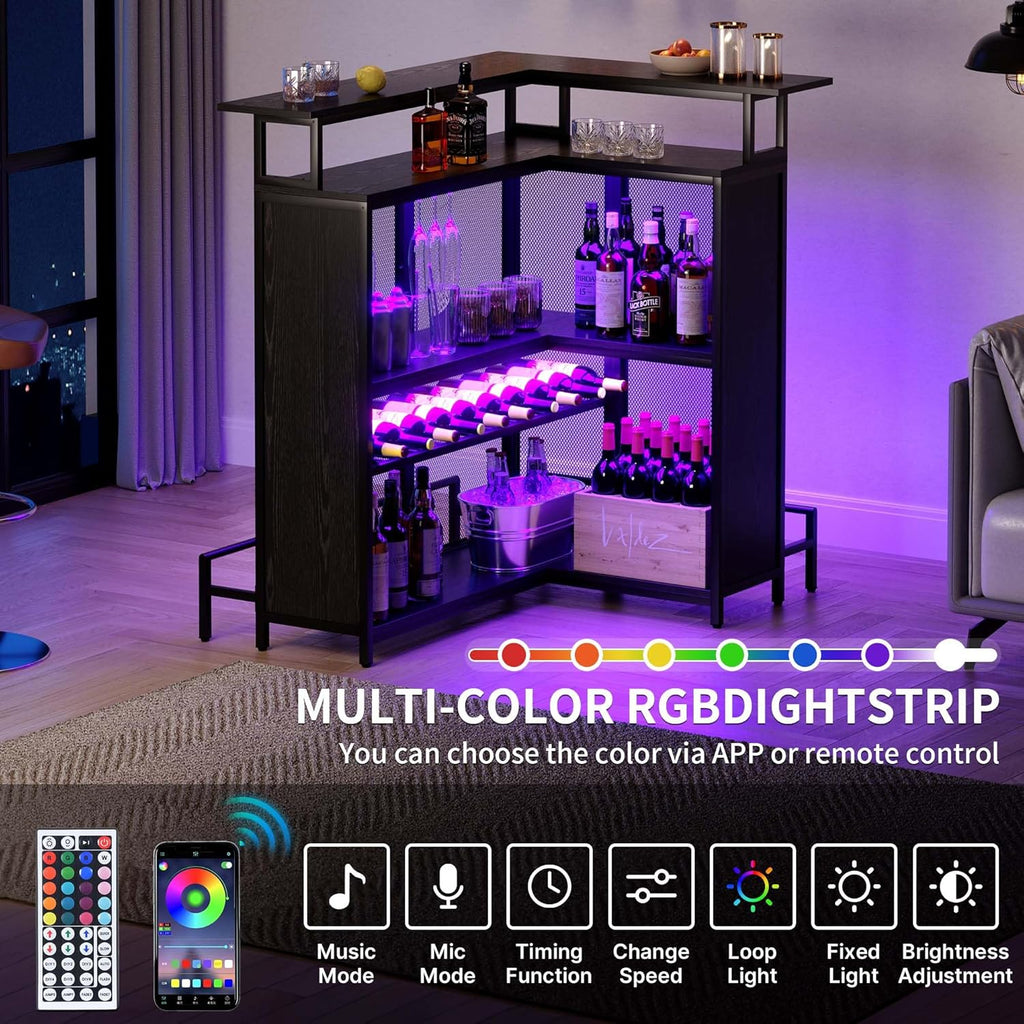 Black L Shaped Mini Home Bar Unit with Music Sensing LED Light, Tall Bars Furniture Table with Wine Rack Alcohol Storage Glasses Hanger Footrest A311