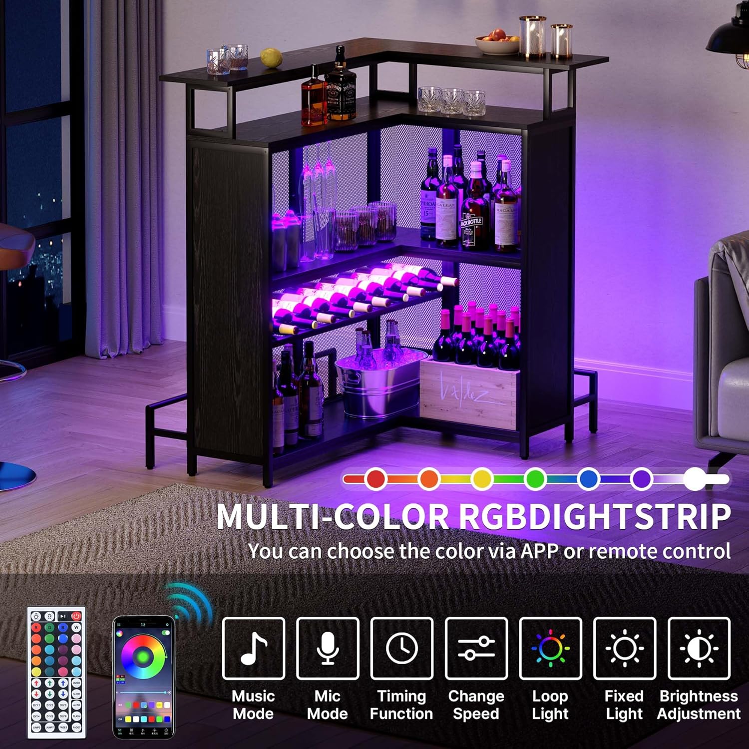 Black L Shaped Mini Home Bar Unit with Music Sensing LED Light, Tall Bars Furniture Table with Wine Rack Alcohol Storage Glasses Hanger Footrest A311