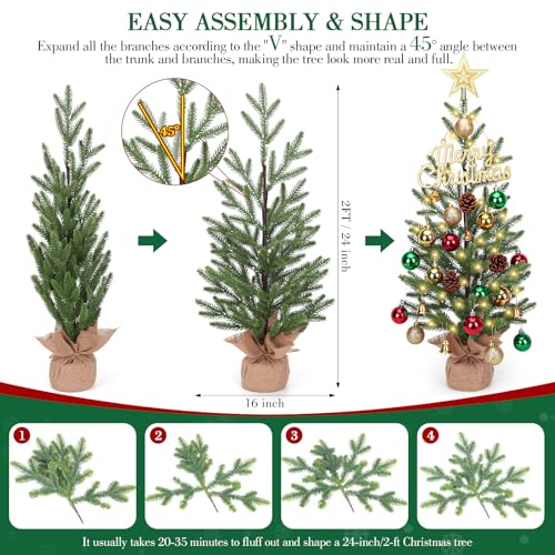 24-inch Mini Christmas Tree with 30 LED Lights & 26 Ornaments, PE Branch Tips & Cement Base K541411