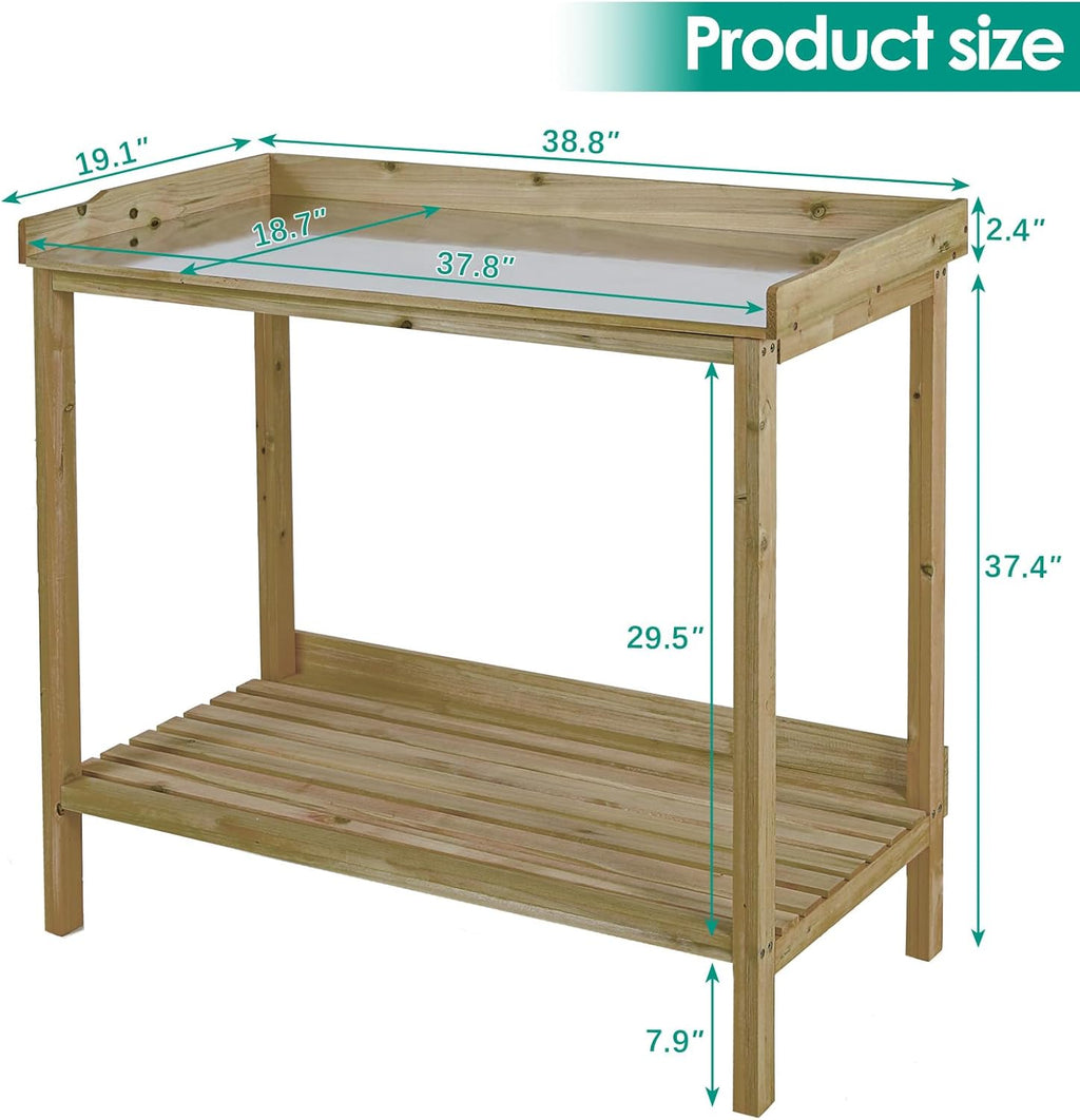 Natural Wood Potting Bench with Galvanized Iron Tabletop A980