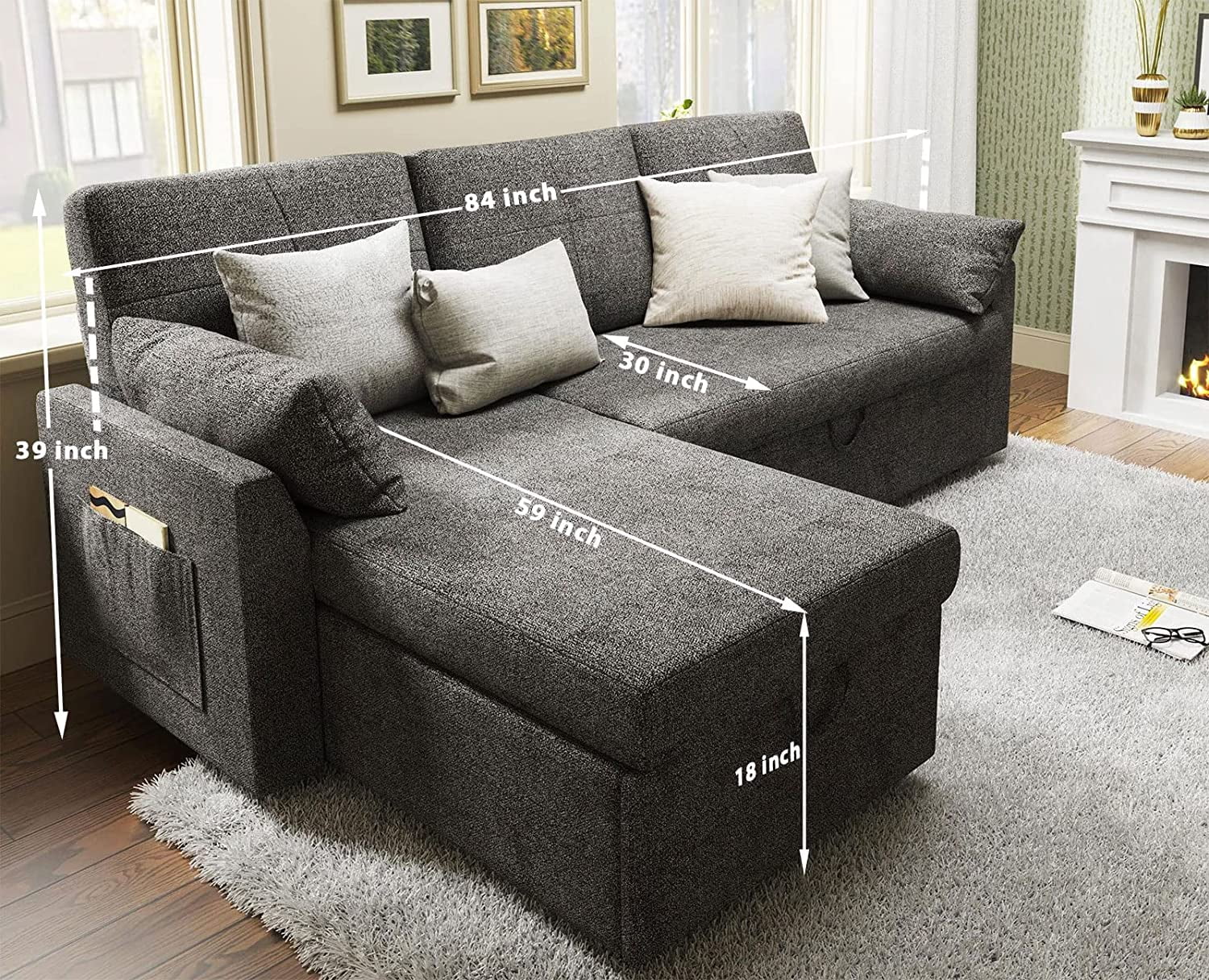 Gray Chenille Sleeper Sofa with Storage Chaise R656079