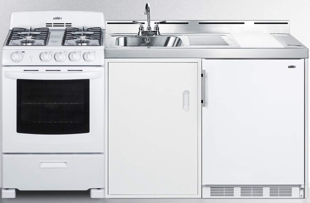 72" Wide All-in-One Kitchenette with 4-Burner Gas Range, Refrigerator-Freezer, Sink, Cutting Board, Cutlery Storage, and Storage Cabinet G2098