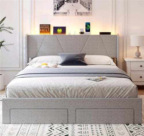 Queen Bed Frame with Storage Headboard & 4 Drawers, LED Upholstered, Light Grey E1576