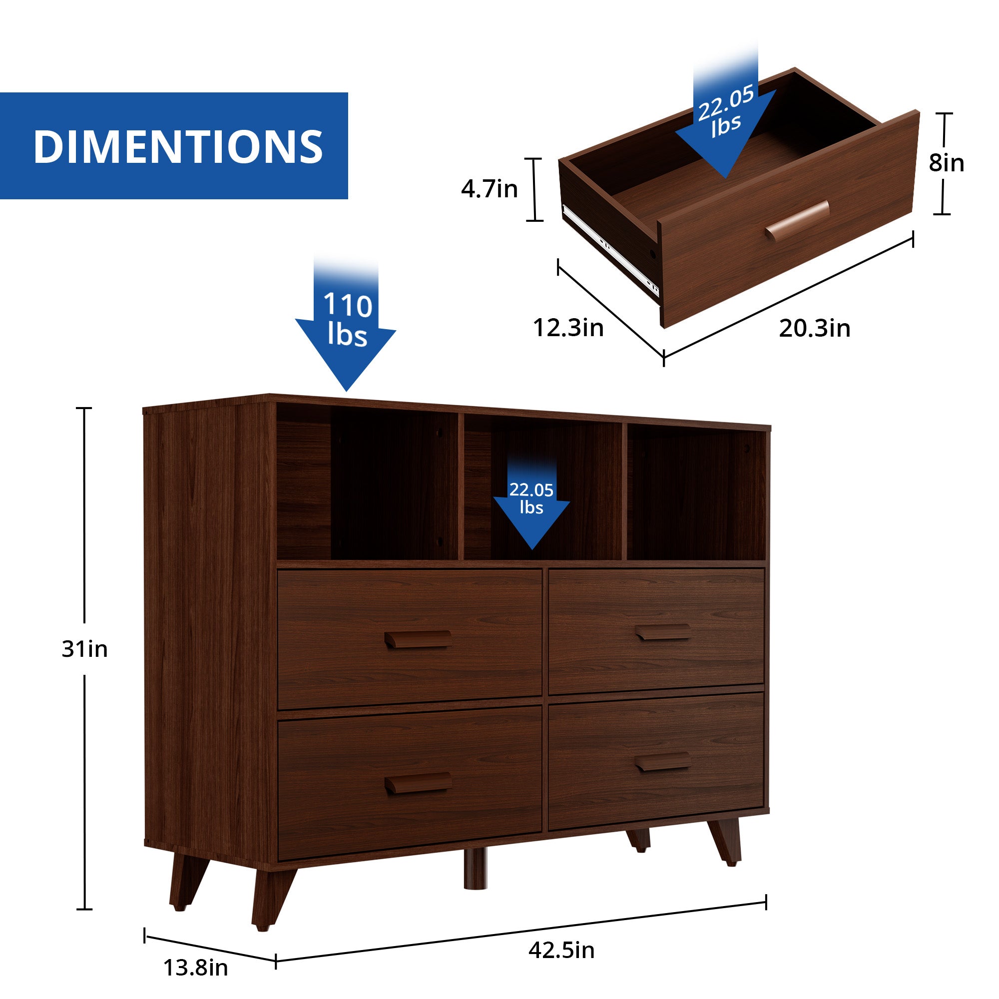 White and Brown 4 Drawers Wood Dresser with 3 Open Shelves Q196