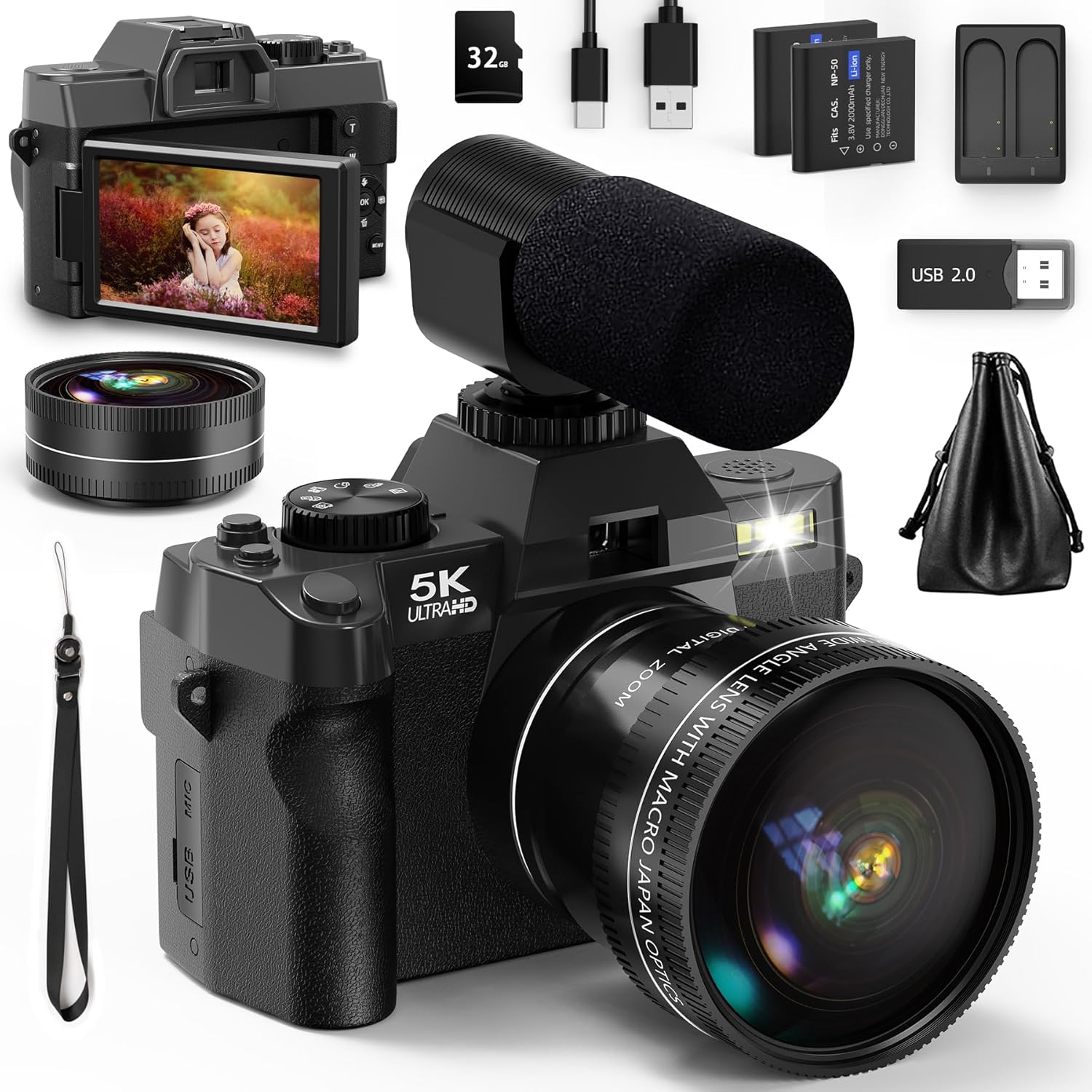 5K 48MP Autofocus Vlogging Camera with 32GB TF Card & 2 Batteries X1127