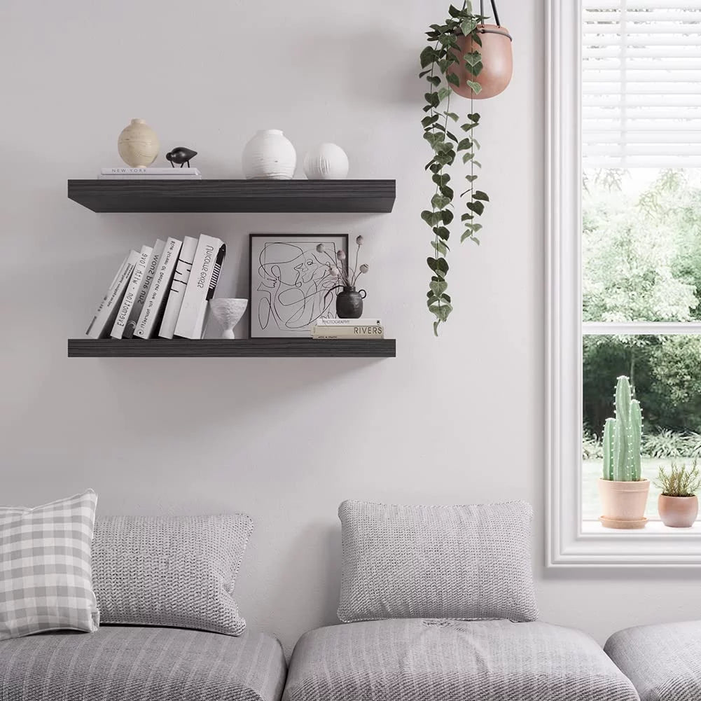 Walnut Wooden Floating Wall Shelf 36 in W x 12.75 in D x 2 in H Set of 2 G6951