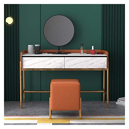 White Dressing Vanity Table with 2 Drawers, Round Mirror and Stool L24183