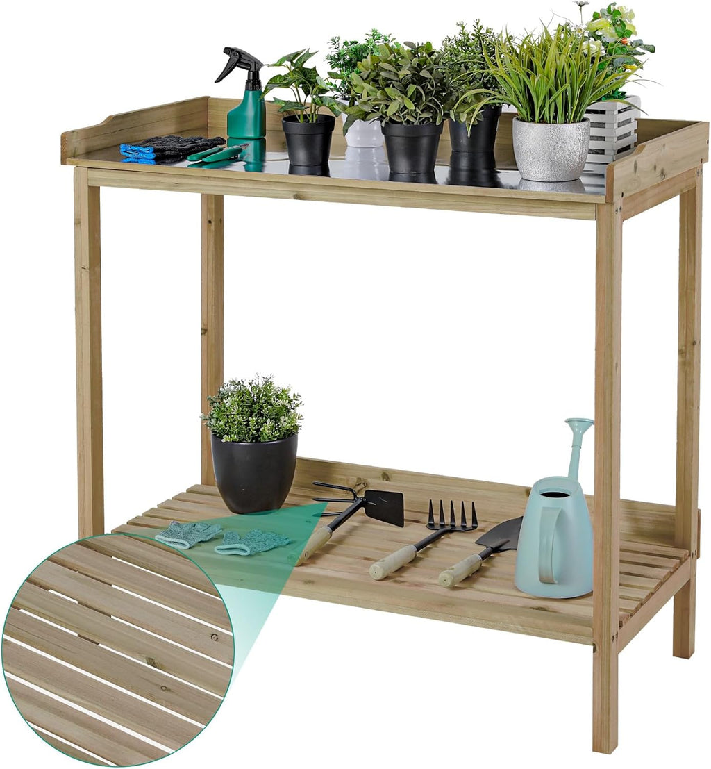 Natural Wood Potting Bench with Galvanized Iron Tabletop A980