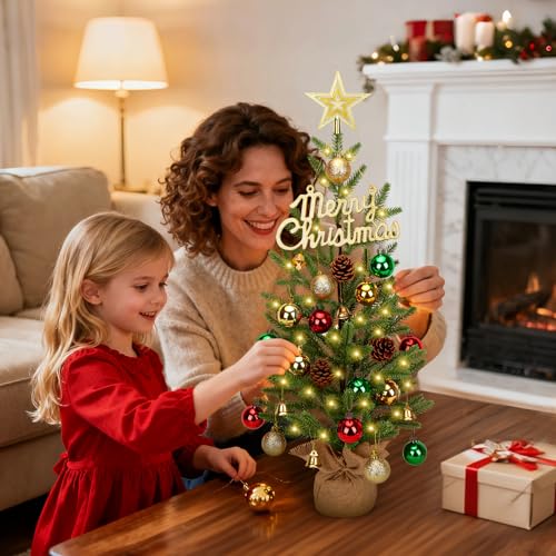 24-inch Mini Christmas Tree with 30 LED Lights & 26 Ornaments, PE Branch Tips & Cement Base K541411