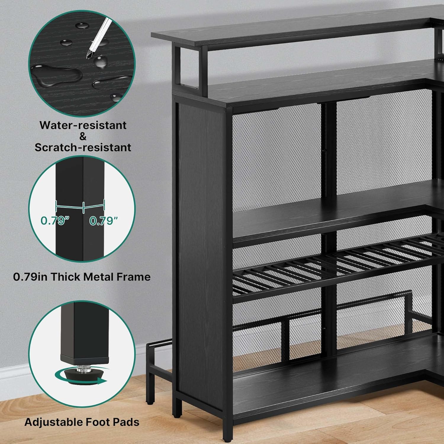 Black L Shaped Mini Home Bar Unit with Music Sensing LED Light, Tall Bars Furniture Table with Wine Rack Alcohol Storage Glasses Hanger Footrest A311
