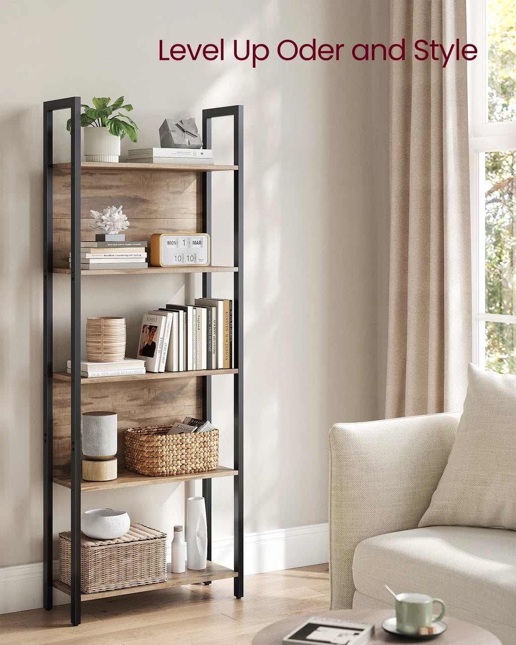 5 Tier Rustic Walnut Black Bookshelf X28249