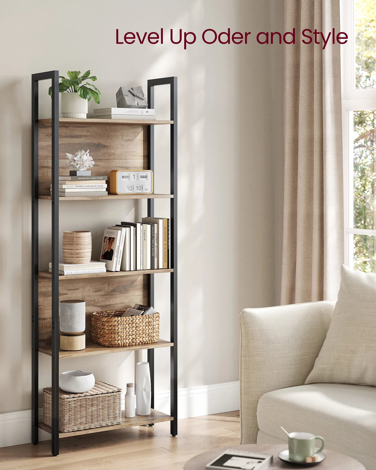 5 Tier Rustic Walnut Black Bookshelf X28249