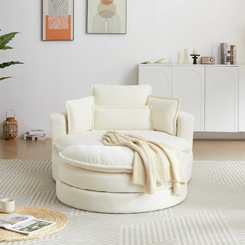 White Sherpa Fabric Swivel Barrel Chair with Storage Ottoman L1226