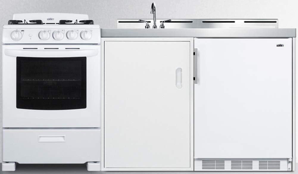 72" Wide All-in-One Kitchenette with 4-Burner Gas Range, Refrigerator-Freezer, Sink, Cutting Board, Cutlery Storage, and Storage Cabinet G2098