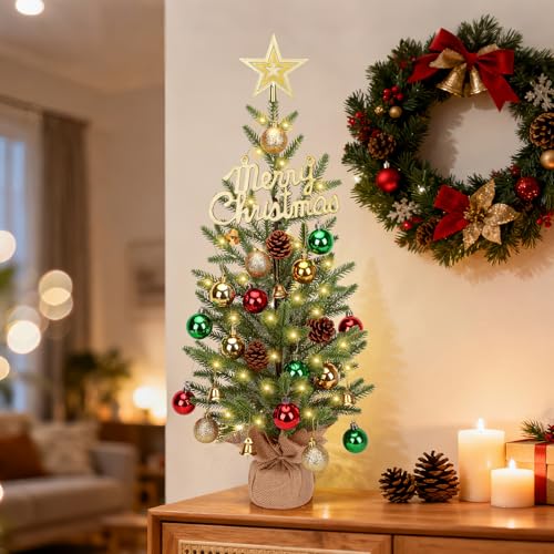 24-inch Mini Christmas Tree with 30 LED Lights & 26 Ornaments, PE Branch Tips & Cement Base K541411