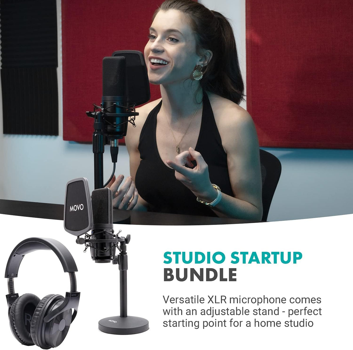 XLR Wired Microphone, Studio Headphones, Desktop Mic Stand with Pop Filter B6779