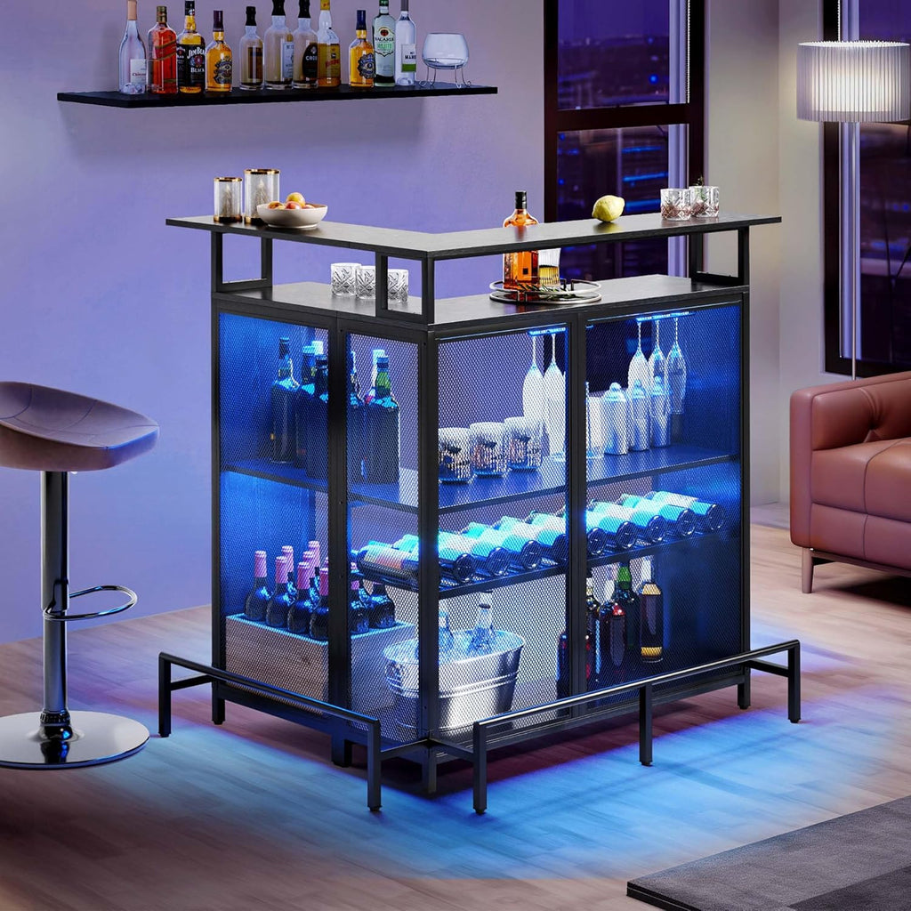 Black L Shaped Mini Home Bar Unit with Music Sensing LED Light, Tall Bars Furniture Table with Wine Rack Alcohol Storage Glasses Hanger Footrest A311