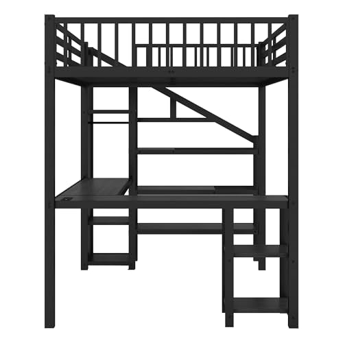 Black Full Size Metal Loft Bed with L-Shaped Desk and USB Port Y73422