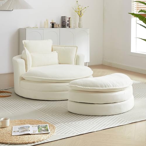 White Sherpa Fabric Swivel Barrel Chair with Storage Ottoman L1226