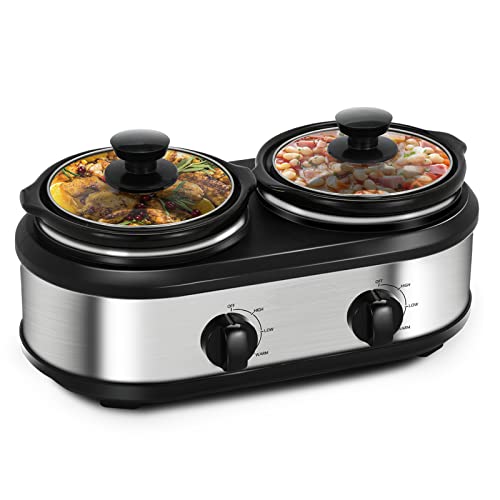 Double Slow Cooker with 2 X 1.25QT Ceramic Pots and Glass Lid U444