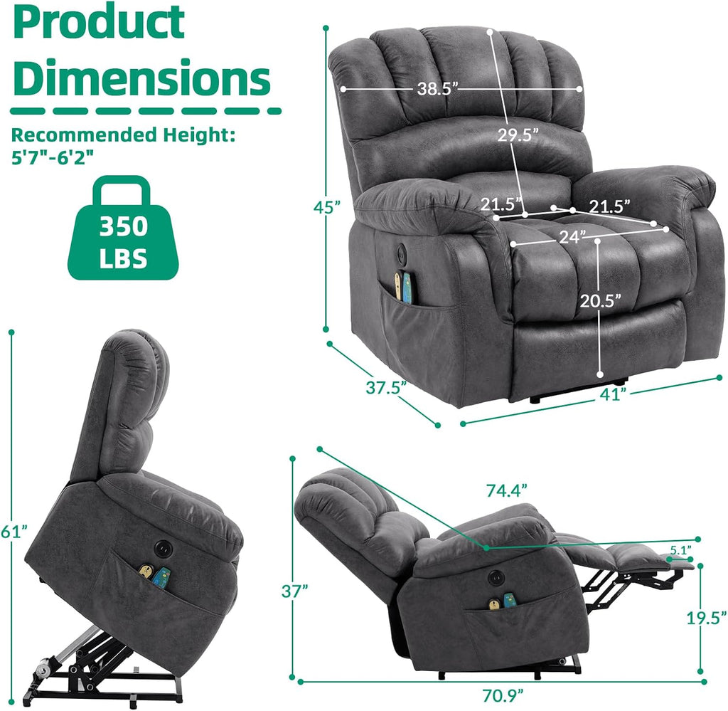 Gray Power Lift Recliner Chair with Heat & Massage E8775