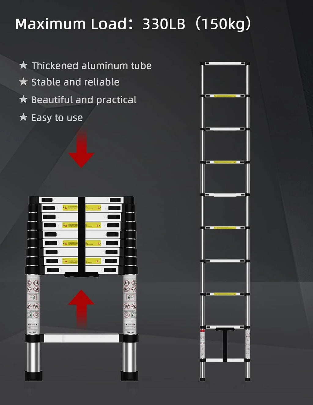 Telescoping Ladder, 12.5 FT Aluminum, 330 lbs Load Capacity A49967