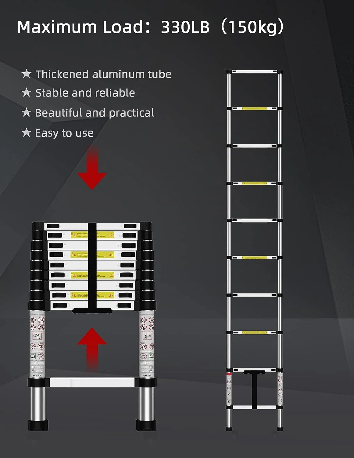 Telescoping Ladder, 12.5 FT Aluminum, 330 lbs Load Capacity A49967